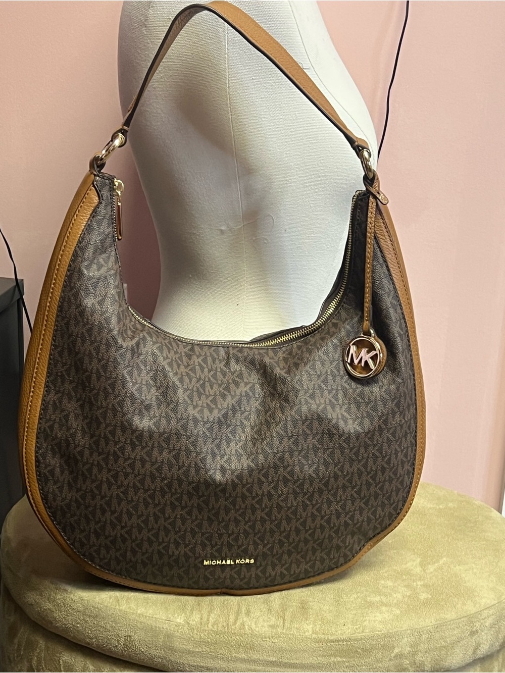 Michael Kors Brown MK Signature Hobo with Tan Trim